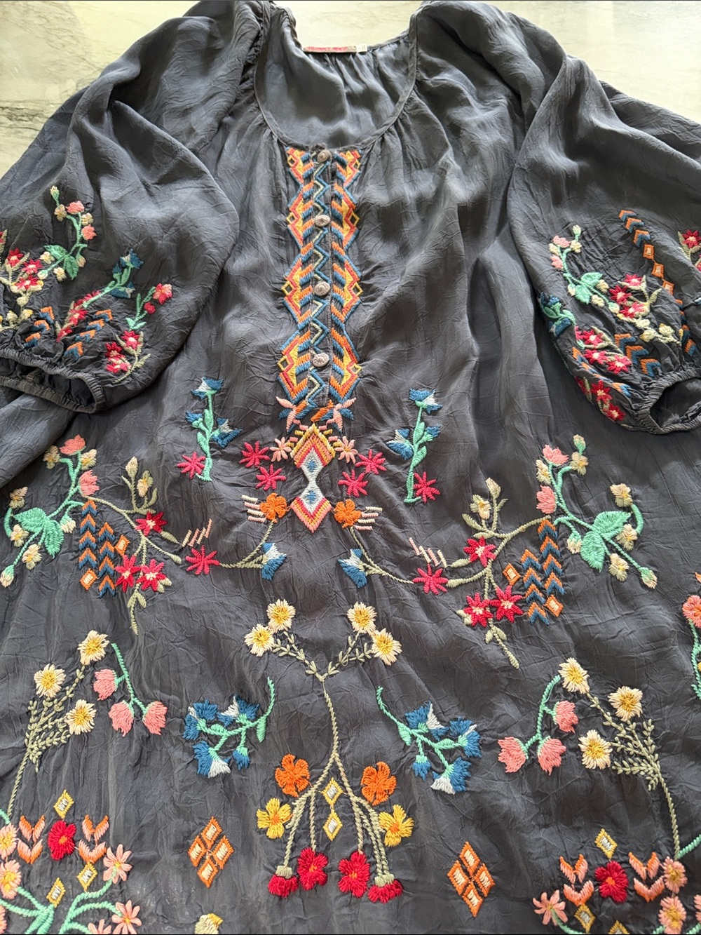 Johnny Was Black Embroidered Boho Tunic with Multicolor Embroidered Accents - Picture 10 of 16
